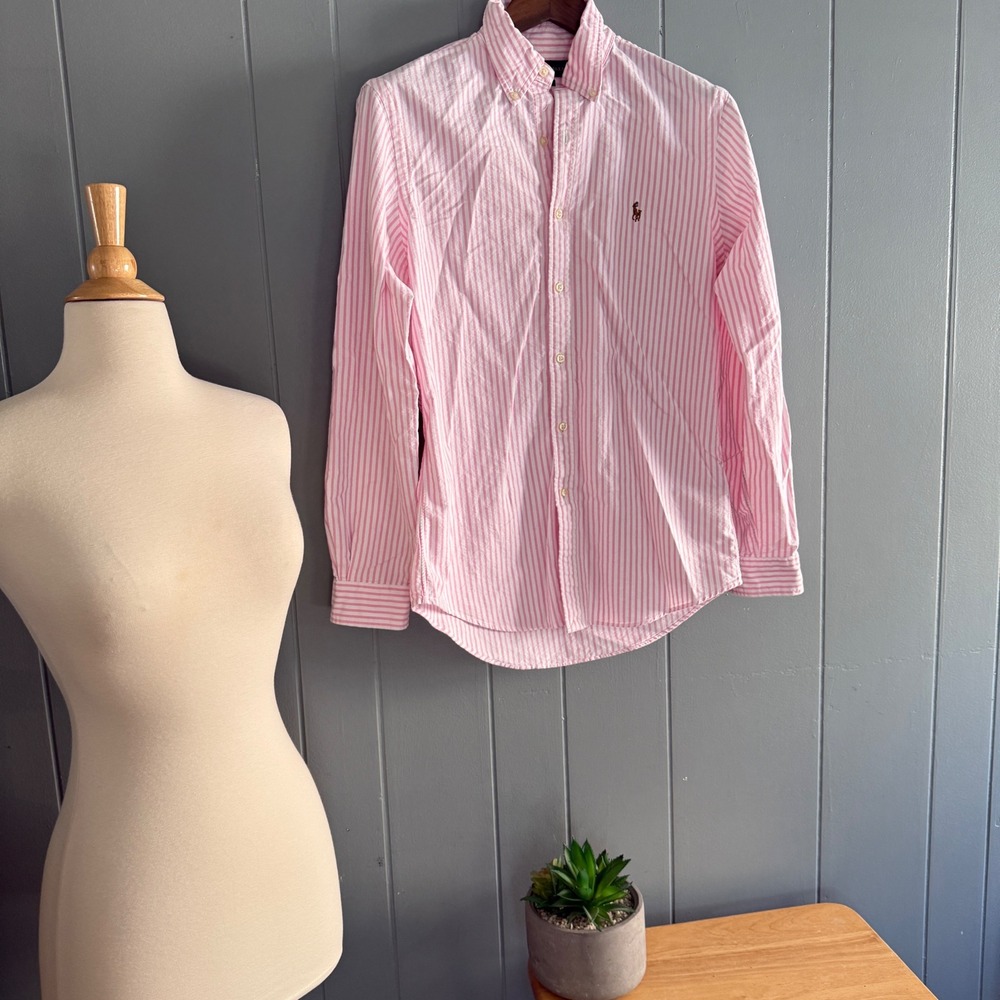 Ralph Lauren Pink Stripe Oxford Shirt Women's Preppy Slim Fit Old Money Sz M - Picture 4 of 8